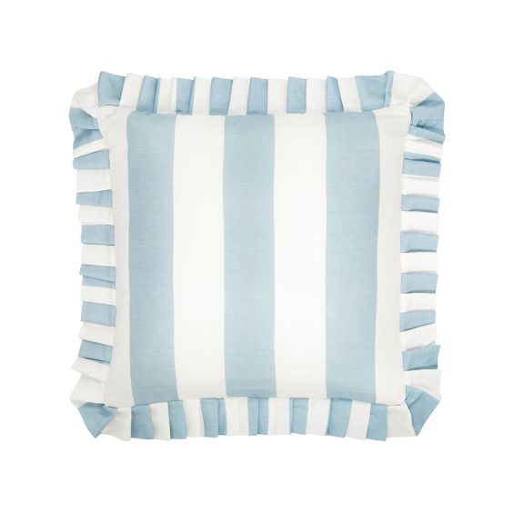 A gorgeous blue and ivory striped cushion by Gingerlily with an elegant pleated ruffle border