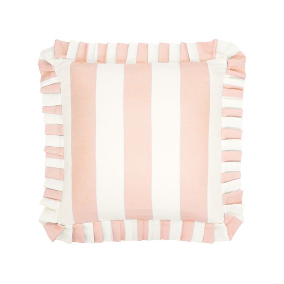 A gorgeous pink and ivory striped cushion by Gingerlily with an elegant pleated ruffle border