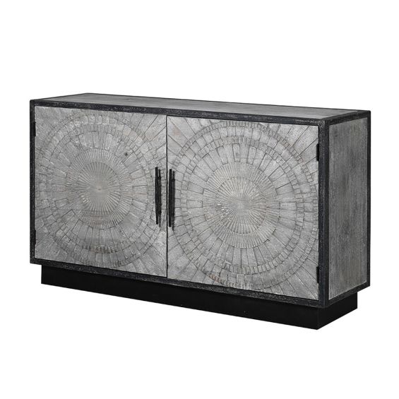 grey and black distressed sideboard with circular patterns