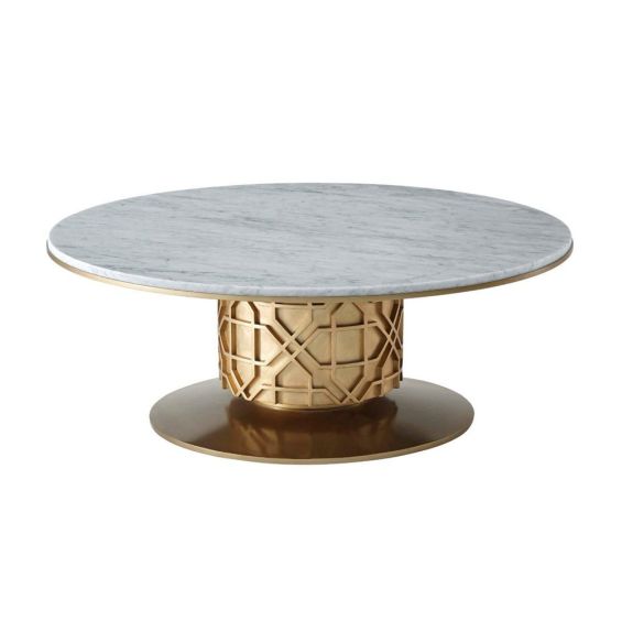 Striking centre table with geometric brass plinth base and round elegant marble top