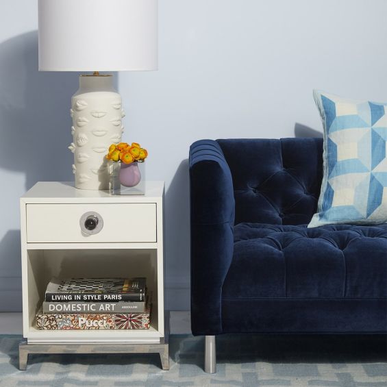 white lacquer end table with polished nickel accents