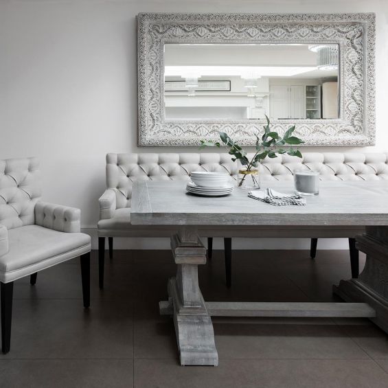Contemporary, deep buttoned bench with arms