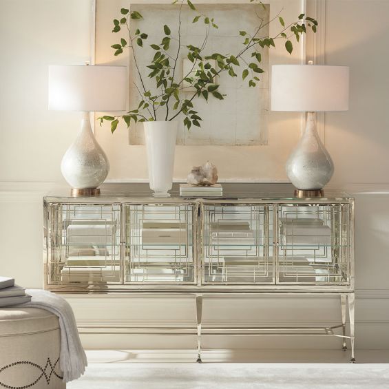 Stunning art-deco sideboard cabinet with clear glass shelf and mirrored details