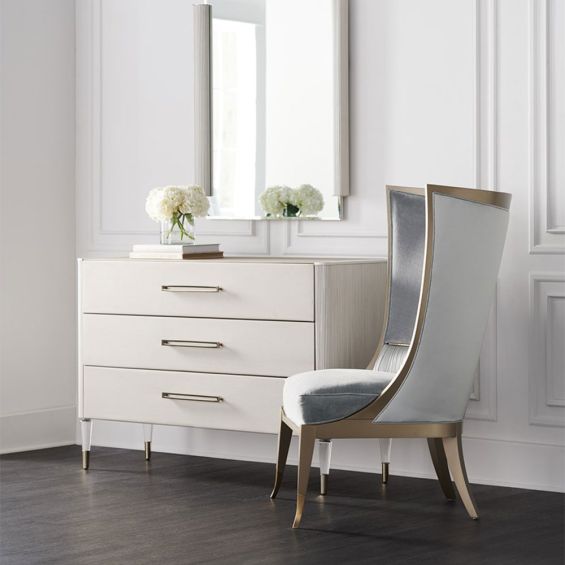 Gorgeously elegant chest of drawers with Matte Pearl finish and acrylic legs with brass details