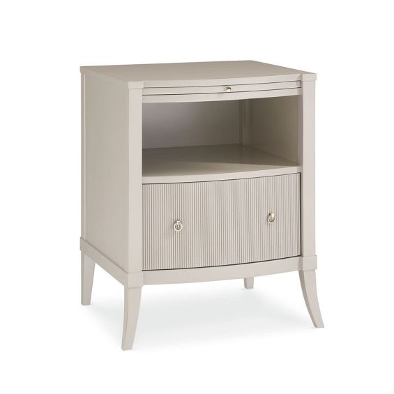 Elegant bedside table in matte pearl finish with tray pull out, shelf and drawer