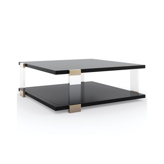 Bold square black coffee table with acrylic legs and brass accents 