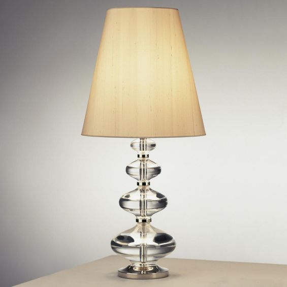 Glamorous Jonathan Adler lead crystal glass table lamp with polished nickel accents and a silk oyster lampshade