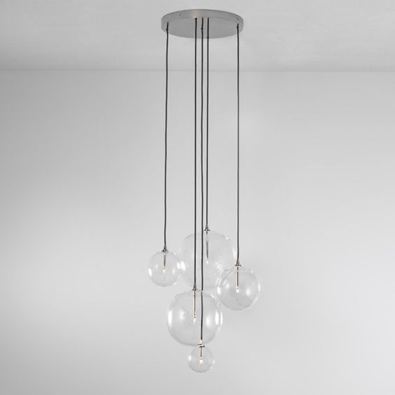 Polished nickel brass industrial chandelier with hanging glass globes