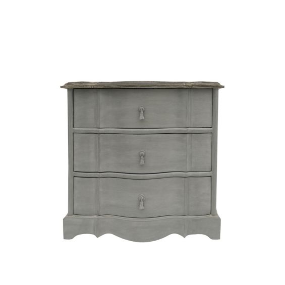 A French-style small chest of drawers in an antique grey finish
