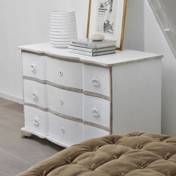 White wash and bleached wood French-style chest of drawers
