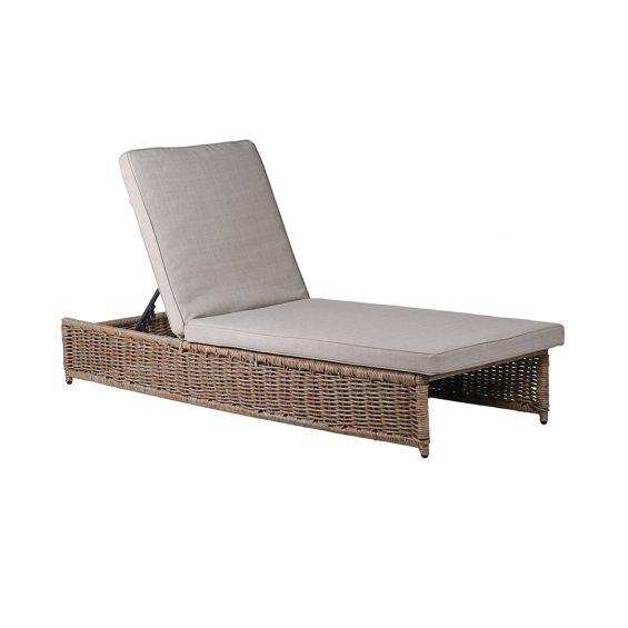 A beautiful and adjustable rattan outdoor lounger complete with two grey soft seat cushions