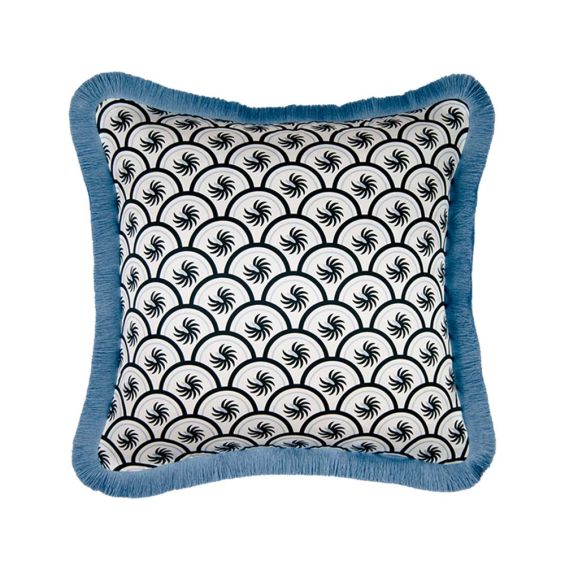 A gorgeous fringed cushion with art deco inspired floral motifs in dark blue