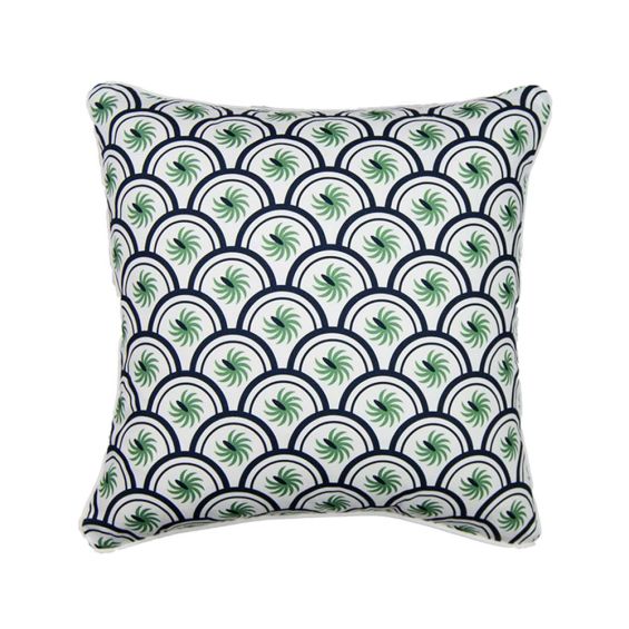 An art deco inspired cushion with dark blue and green floral motifs