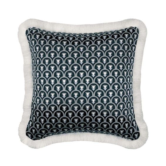 A dark blue, art deco inspired cushion with a fringe detail