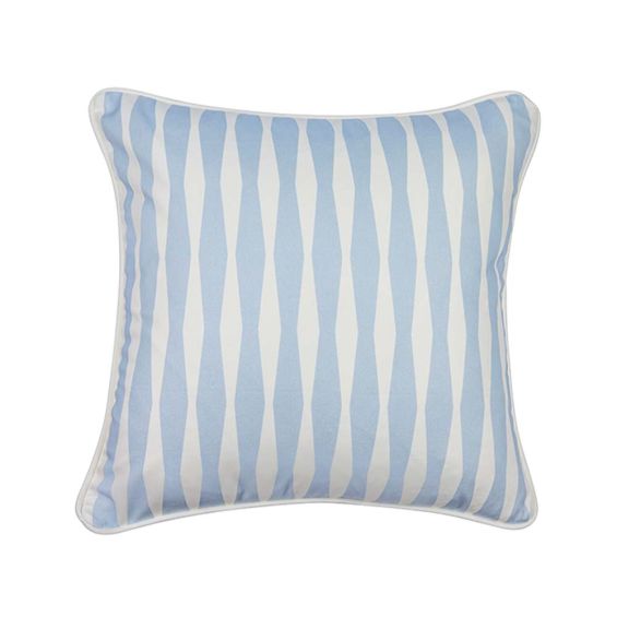 A delicate light blue and white diamond striped cushion with white piping.