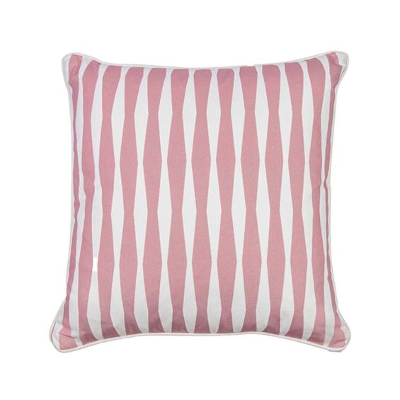 A chic pink and white, diamond striped cushion with matching white piping