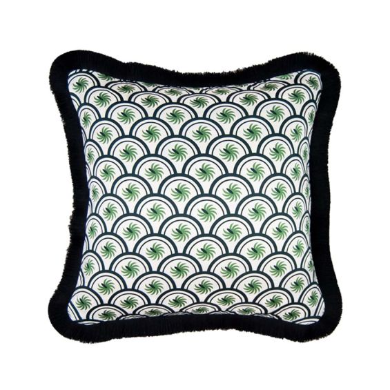 An art deco inspired cushion with dark blue and green floral motifs