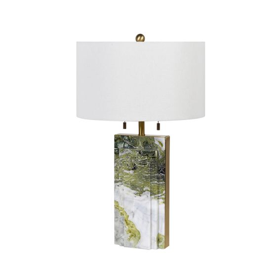 Luxury green and white marble table lamp with golden accents and white shade