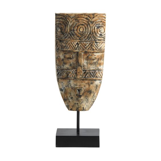 Decorative tall mask sculpture on black base