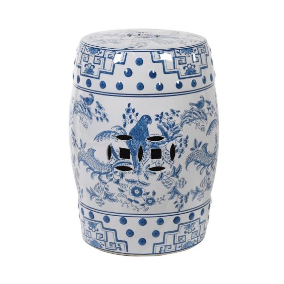 ceramic stool boasts a beautiful blue and white bird design