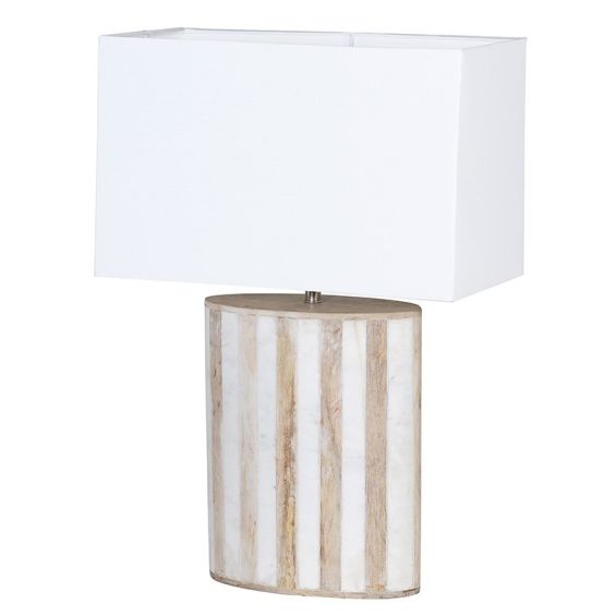 Pale wood and white marble base table lamp with white shade