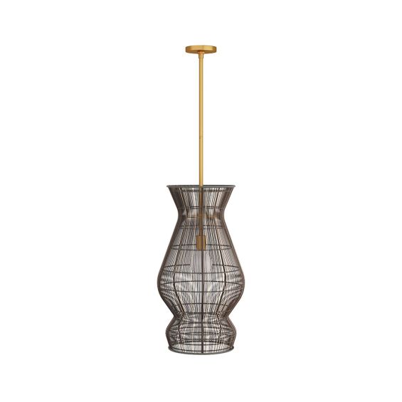 Black rattan pendant light with curvaceous silhouette and brass drop