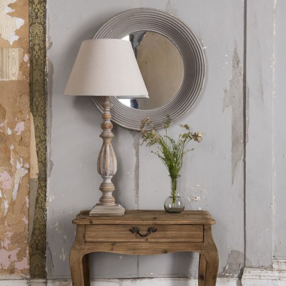 Tasteful, distressed wood finish table lamp with linen shade