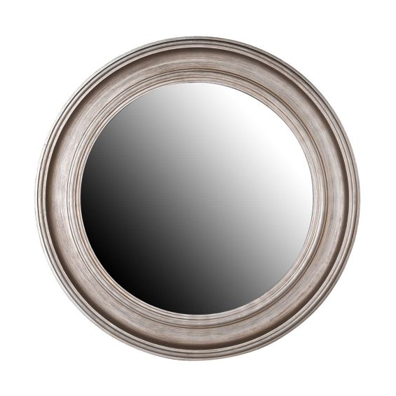 A contemporary round distressed mirror in a silver finish