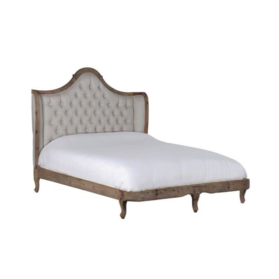 A stylish vintage style king bed with a linen blend deep-buttoned headboard