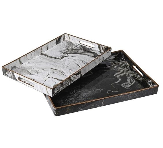 Set of 2 marble effect trays in black and white with gold detailing