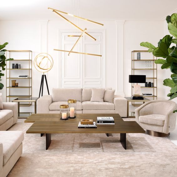 modern, industrial coffee table with brushed brass finish