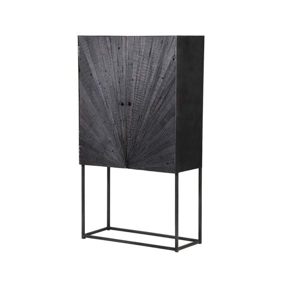 A decadent drinks cabinet with a dark wood decor and a black steel frame