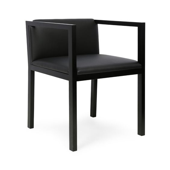 A square dining chair with a low back