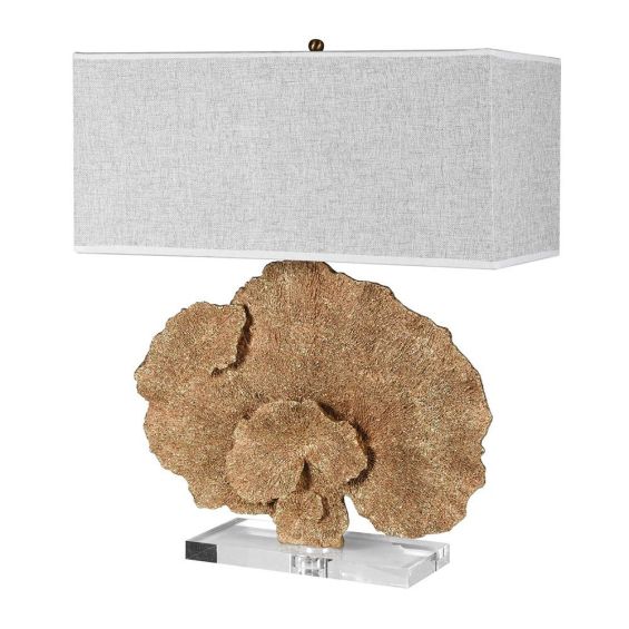 An exquisite golden coastal-inspired table lamp with a grey lampshade