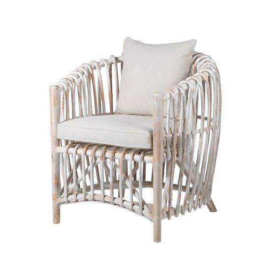 A distinctive and distressed whitewash armchair with a round structure and wooden ribs