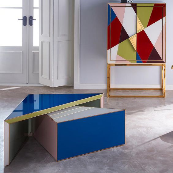 Glamorous blue and green painted nesting coffee tables with polished brass finish