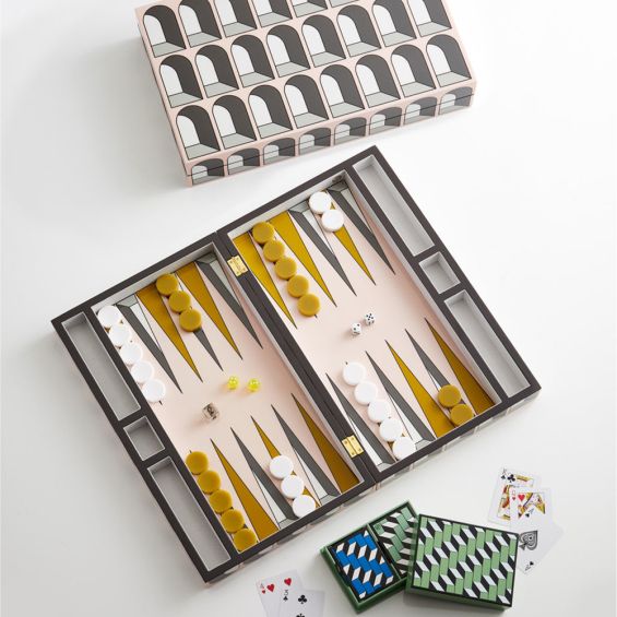 A glossy backgammon set by Jonathan Adler with Colosseum-inspired curves and moody colourway