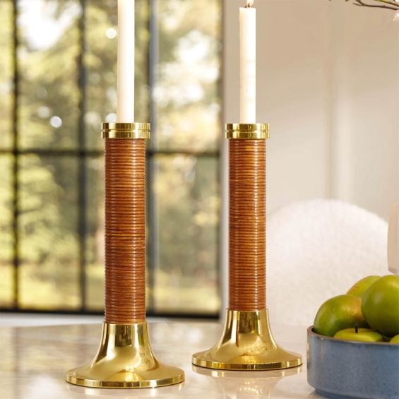 Brass candle holders with brown hand-coiled reeds