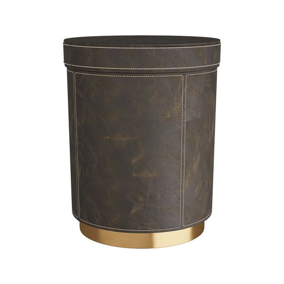 Storage accent table in moss leather with contrast stitching and brass base 
