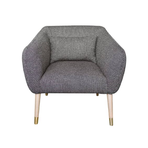 A luxury armchair by Blanc D'Ivore with a curvaceous design, anthracite fabric upholstery and wooden legs with gold details