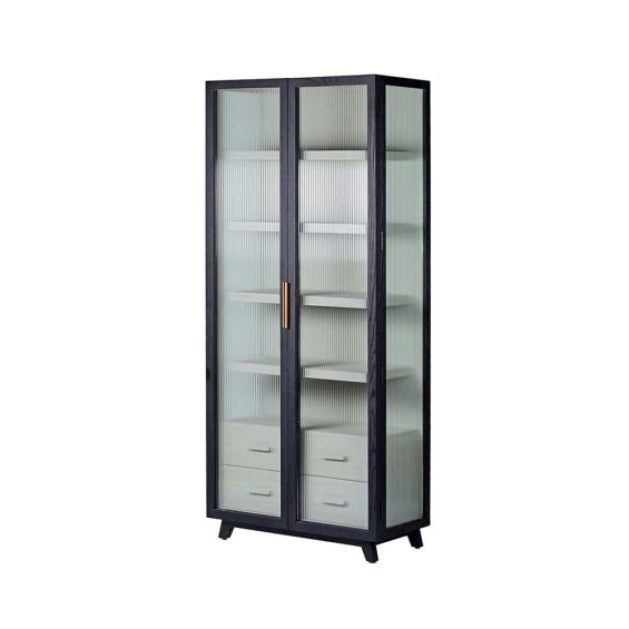 A decadent display cabinet with fluted glass doors and brass handles