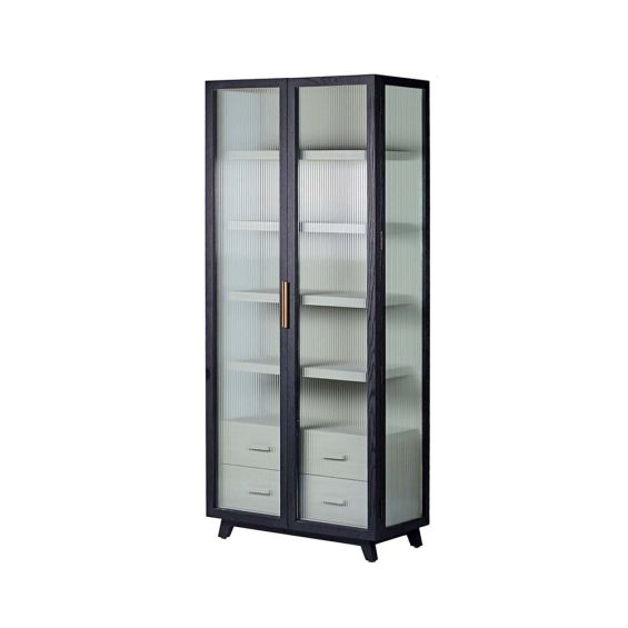 A decadent display cabinet with fluted glass doors and brass handles