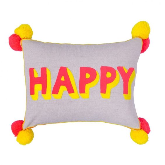Pop art 'Happy' red and yellow pom-pom cushion