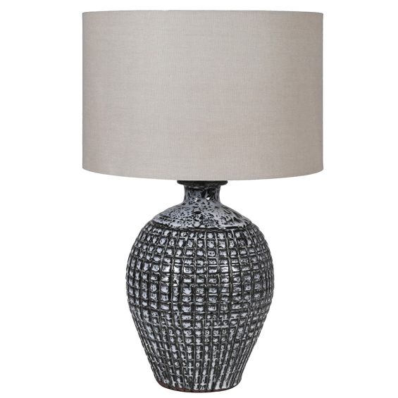 grey textured side lamp with linen shade