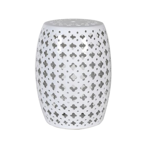 A wonderful white ceramic stool with a feminine pierced pattern 