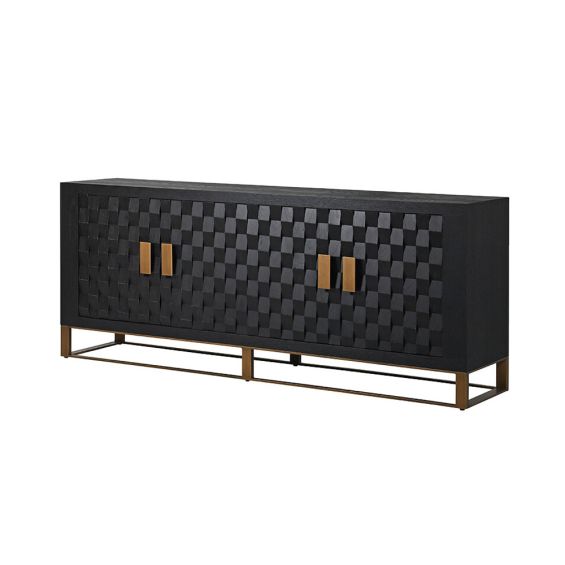dark brown sideboard with bronze base and handles 