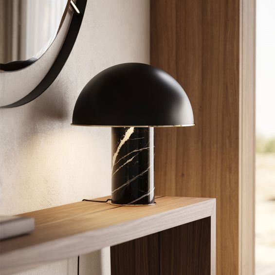 Black stand table lamp with black marble finish and spherical shiny black frame