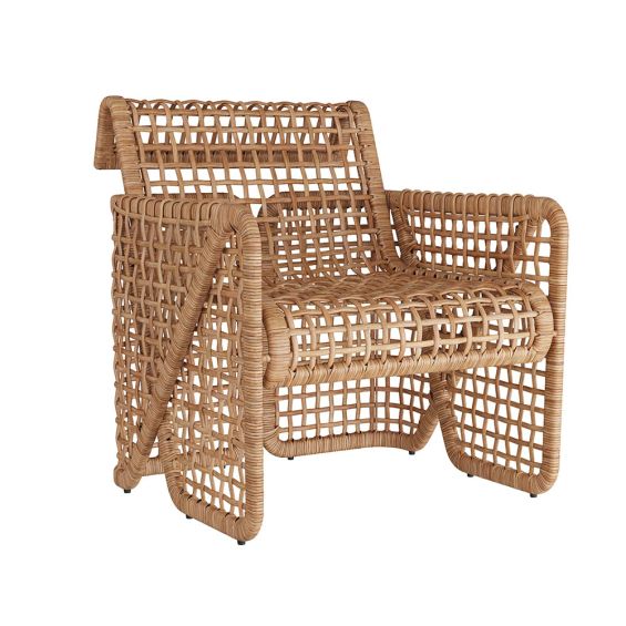 Sculptural open rattan lounge chair with folds at the arms and back 