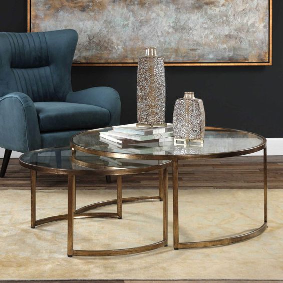 Gorgeous nesting coffee tables with aged brass finish