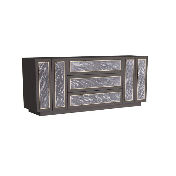 Mid-century style ebony oak sideboard with hand-applied resin in a grey faux marble